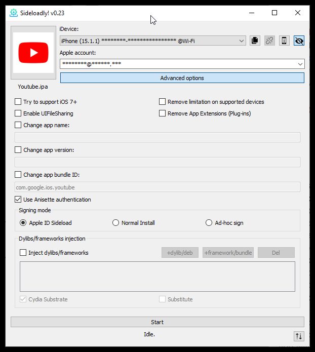 The Sideloadly window with an IPA loaded and Apple ID Sideload selected, ready to start