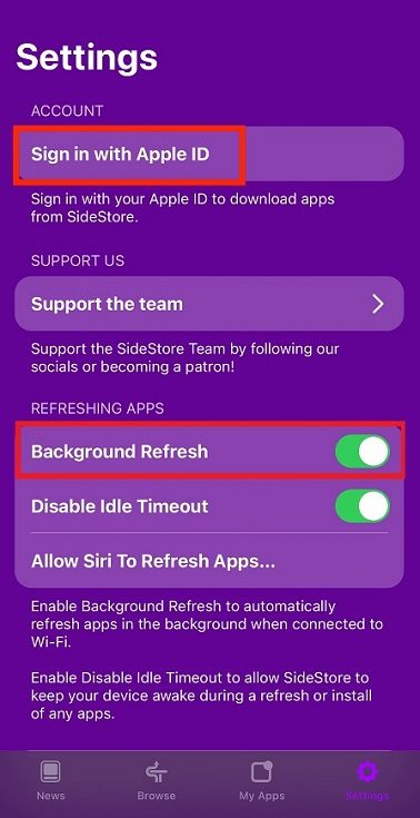 SideStore's Settings with Background Refresh turned on for automatic re-signing