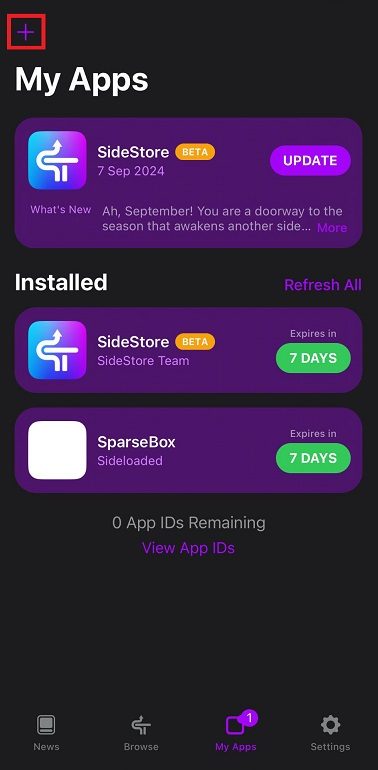 Adding an IPA from the My Apps tab in SideStore