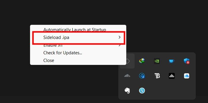 The desktop helper's tray menu during the one-time SideStore setup on a computer