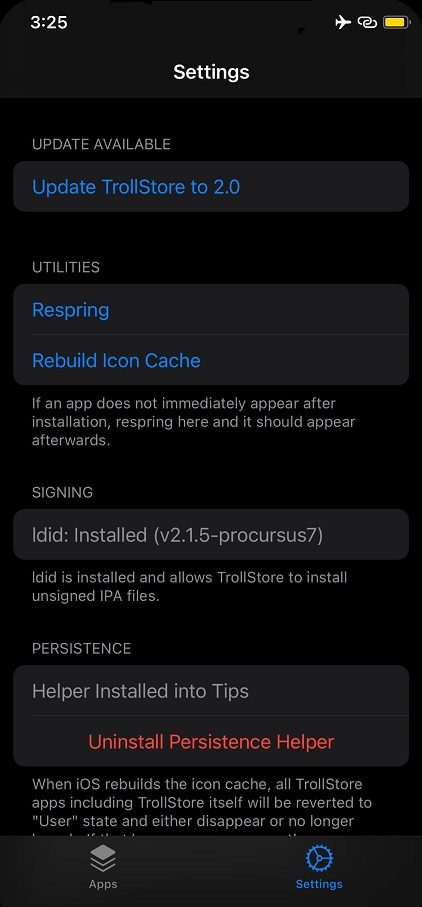TrollStore's Settings tab showing the Install Persistence Helper option and ldid status